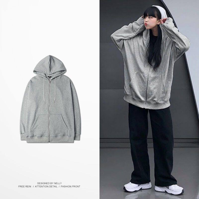 灰色连帽运动潮牌外套女大码宽松学生拉链秋冬季薄款ins长袖卫衣