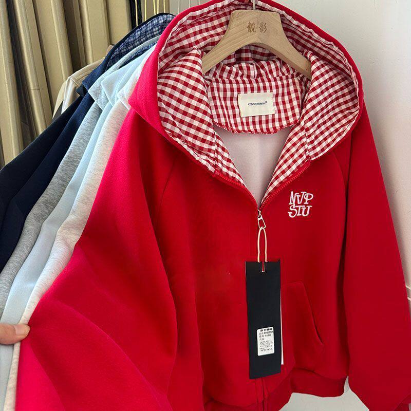 秋新款美式复古格子拼接连帽卫衣外套女宽松休闲网红学生开衫上衣