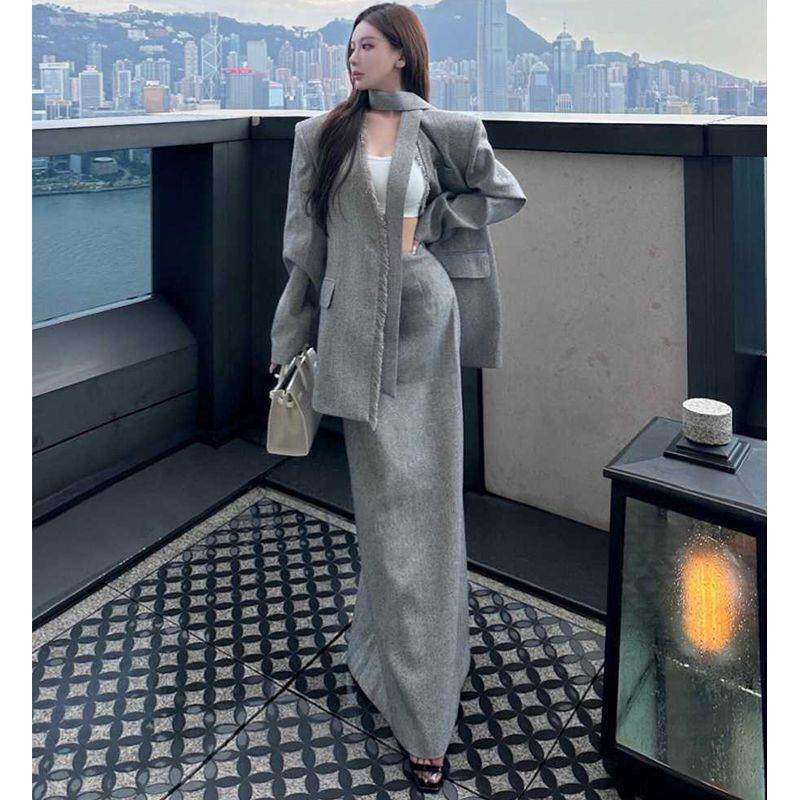 春秋小套装御姐风气质设计感西装外套高腰显瘦中长裙