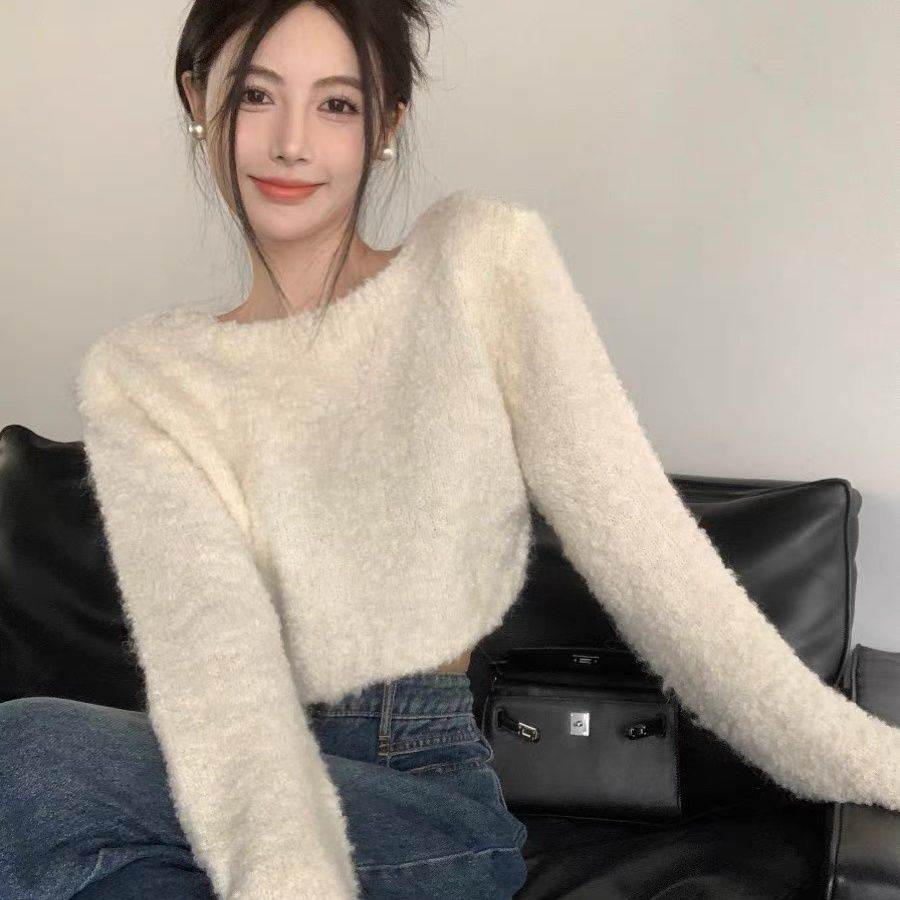 纯欲辣妹性感短款喇叭袖上衣女秋冬独特别致毛绒绒针织打底衫