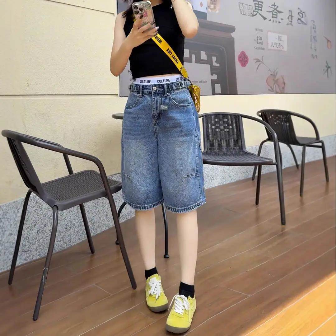 夏季新款大码时尚设计阔腿牛仔中裤女胖妹妹高腰显瘦宽松五分裤子
