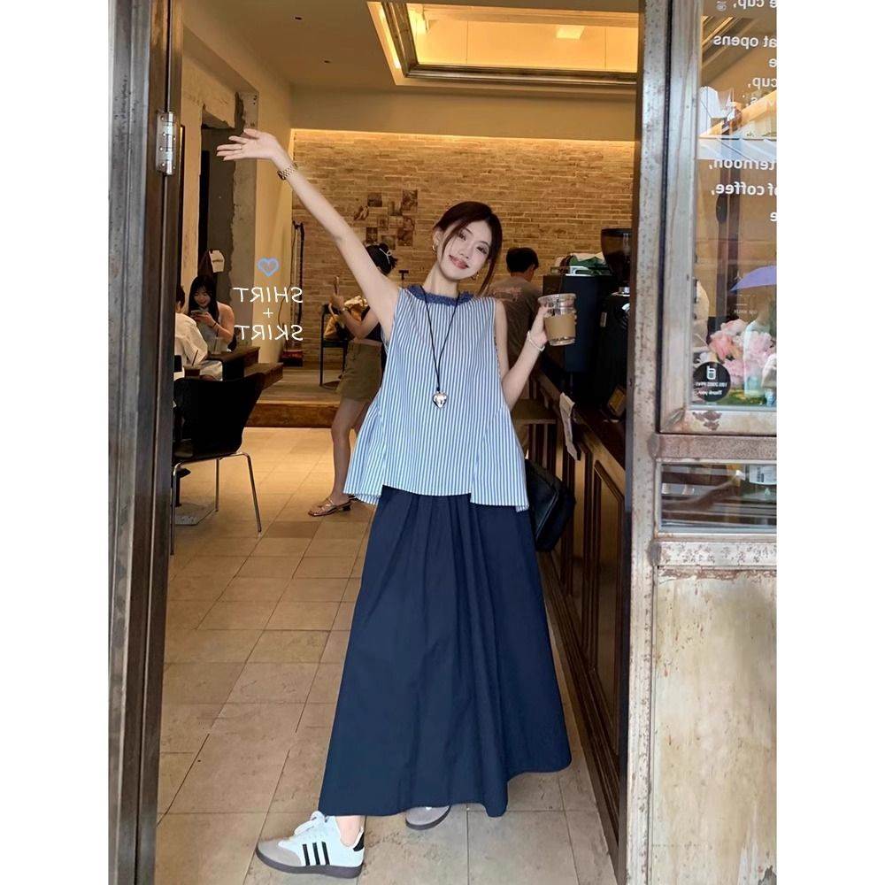 设计感条纹宽松不规则无袖衬衫高腰显瘦半身裙女夏季新款时尚套装