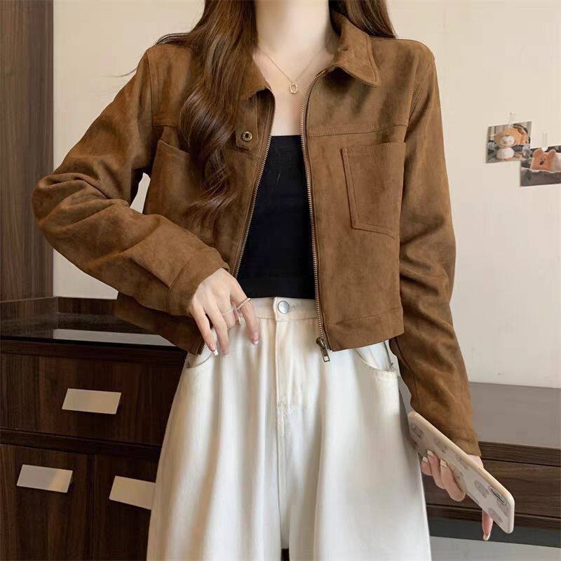 2025新款复古美拉德咖色麂皮绒短外套女装秋冬高级感夹克上衣