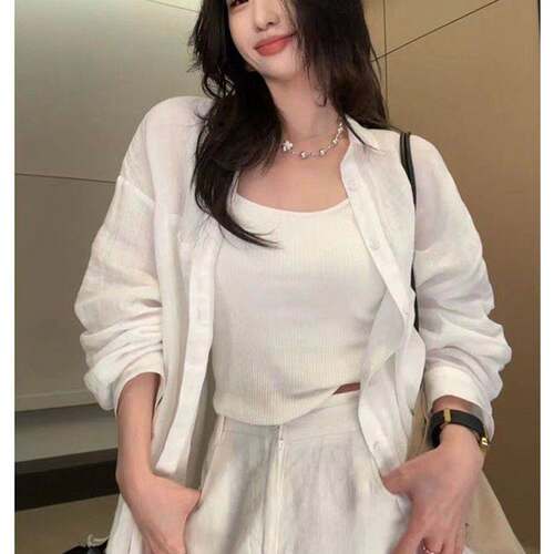 白色亚麻棉麻防晒衬衫外套女秋季薄款外搭衬衣宽松慵懒风气质上衣