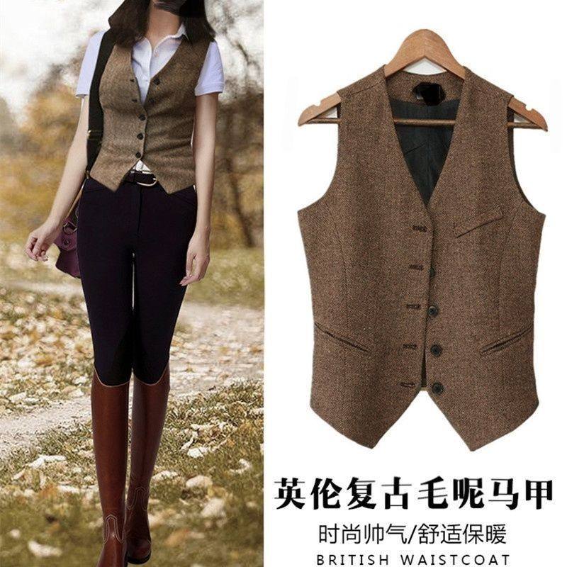 夏季英伦风女士中性复古人字毛呢背心修身骑马西装马甲外套女短款