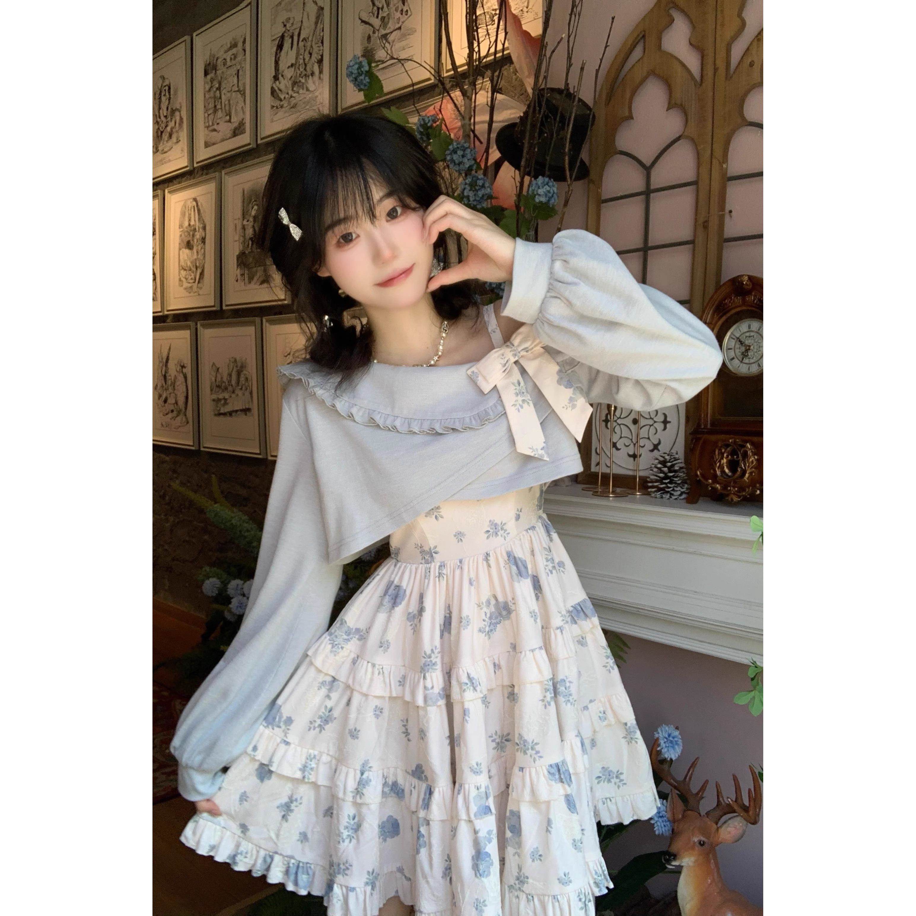 2026早春梦聆桃乐清新日系甜美碎花木耳边蛋糕裙印花吊带连衣裙