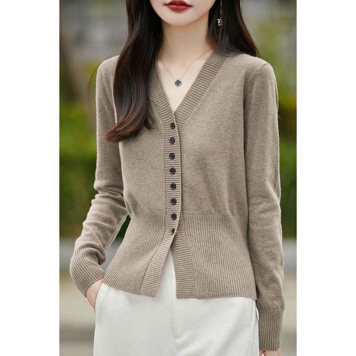 美翻法式设计感长袖针织开衫女外套毛衣修身显瘦高腰短款外搭上衣