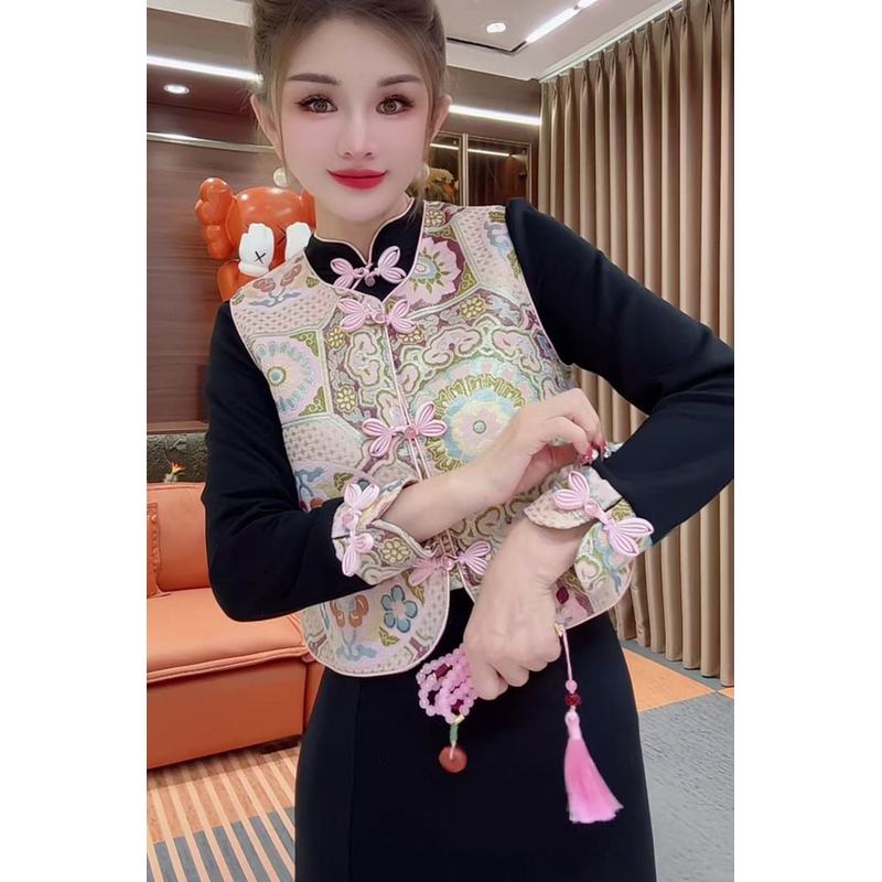 2025秋冬新款时尚套装女新中式国风盘扣上衣马甲旗袍连衣裙两件套