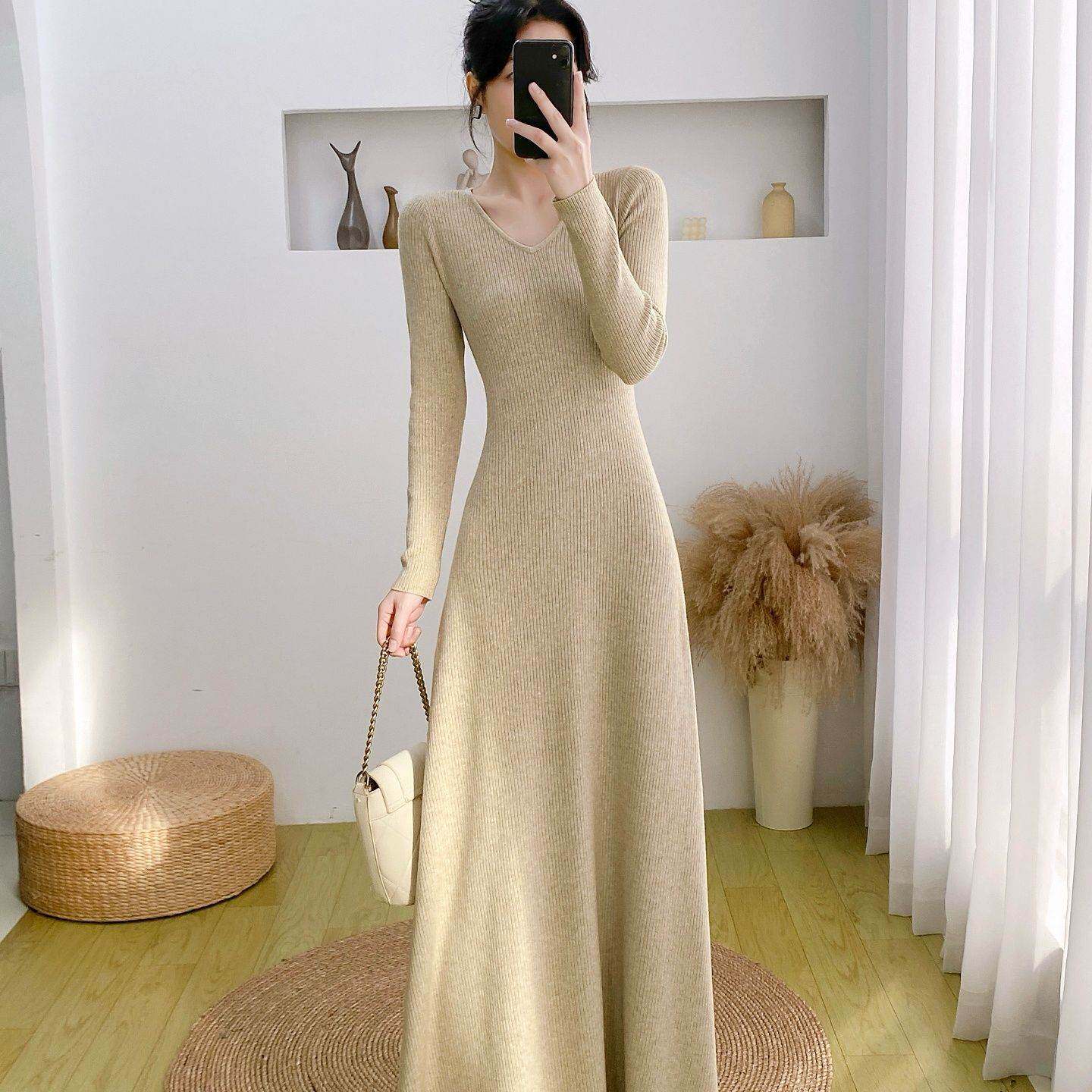 高个子超长款过脚踝法式配大衣长袖领针织连衣裙字及地长裙女