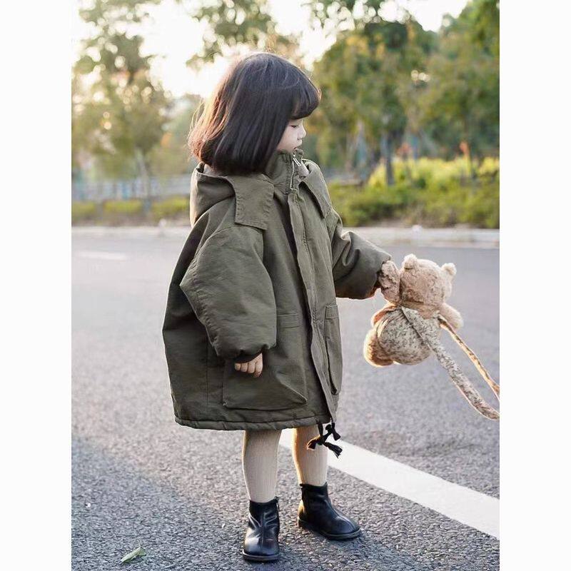 童装儿童韩版冬季新品棉服女童加绒加厚派克服洋气中长款工装棉袄