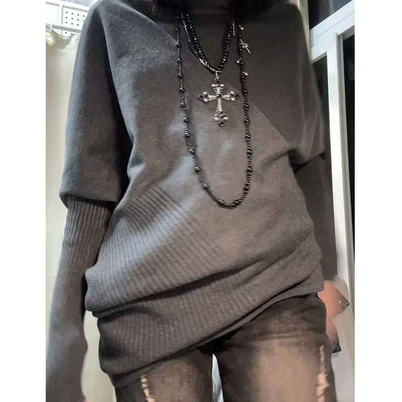 美式复古灰色毛衣女秋冬高领不规则宽松慵懒风软糯休闲针织衫上衣