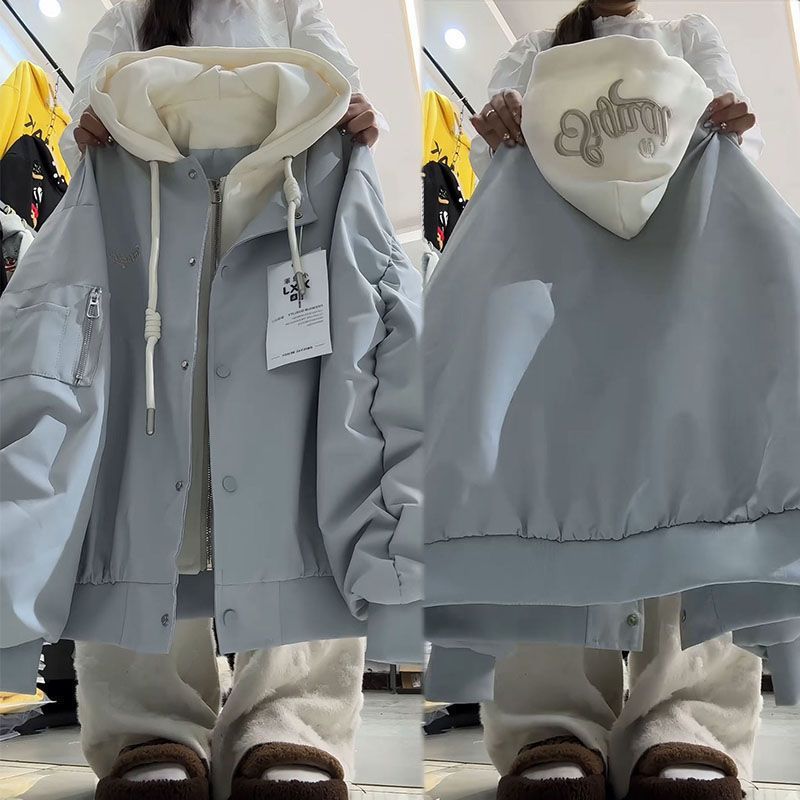 早春美式复古褶皱袖假两件飞行员夹克男女潮牌高街连帽棒球服外套