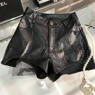 亮皮裤短裤女春秋季新款高腰小众设计感小个子气质直筒PU皮裤子