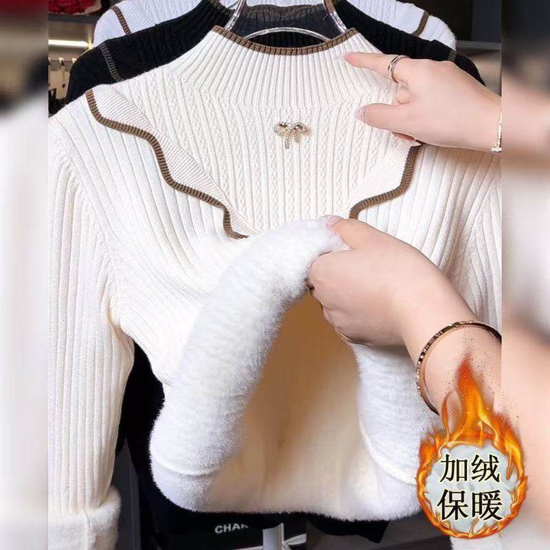 奶fufu半高领镶钻蝴蝶毛衣一体绒加厚打底衫女秋冬内搭加绒针织衫
