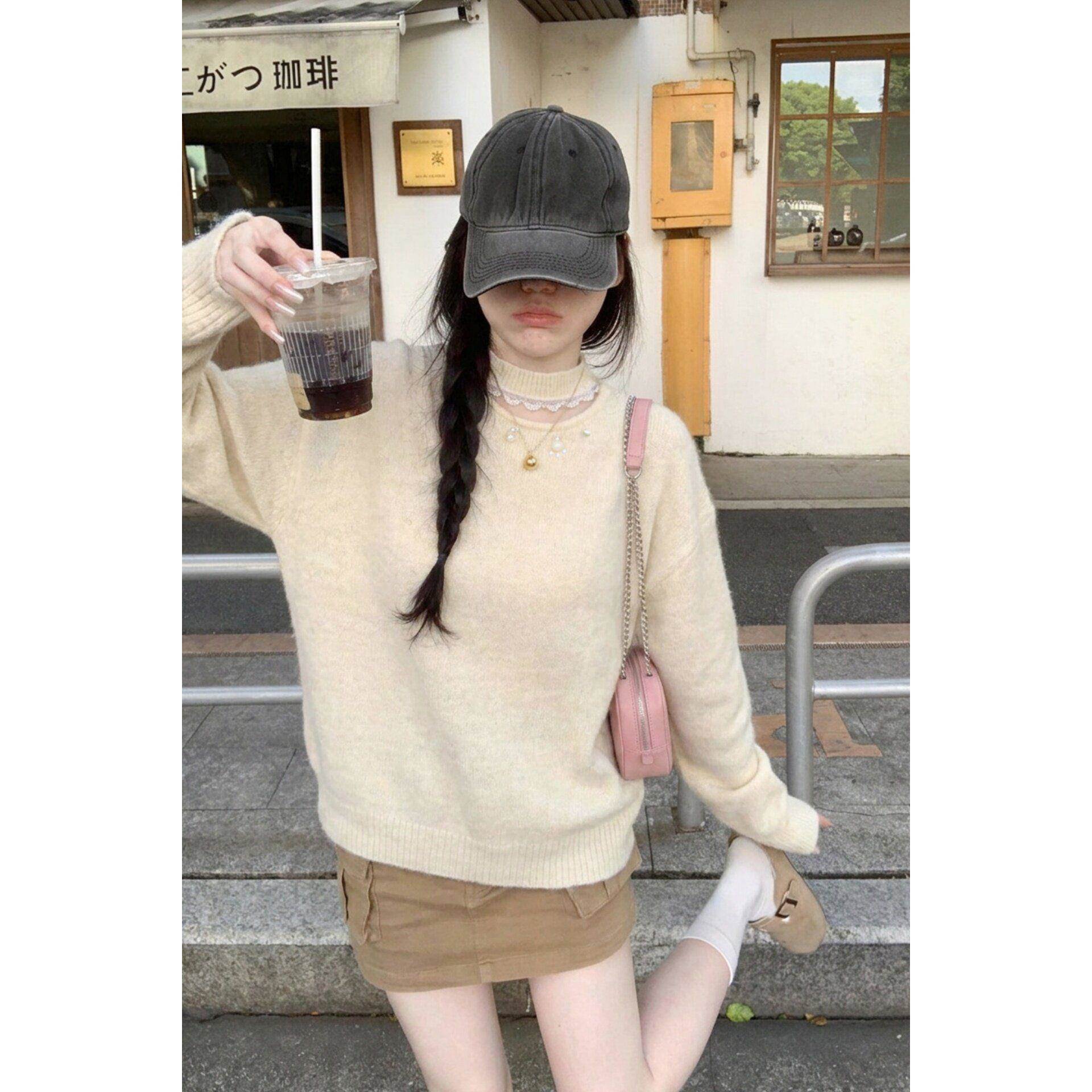 韩系气质白色镂空珍珠针织衫女秋冬慵懒风设计感休闲毛衣显瘦上衣