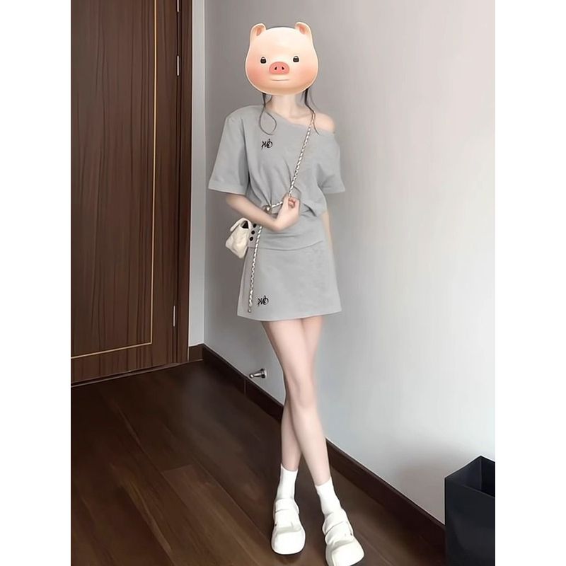 运动服韩系休闲套装女夏季时尚减龄小个子显瘦斜肩短袖短裙两件套