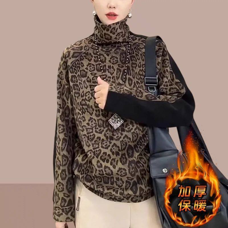 德绒豹纹高领卫衣女2025春季新款加厚磨毛保暖打底衫爆款气质上衣