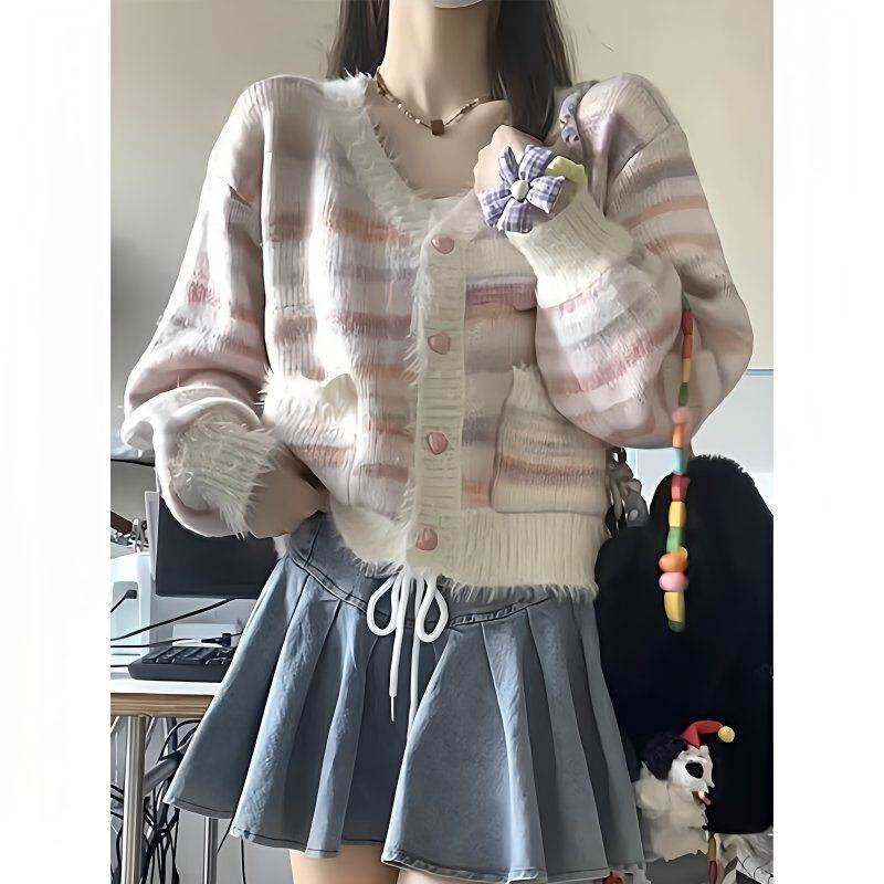 小香风粉色条纹毛衣开衫女春春季宽松慵懒风日系复古针织外套春夏