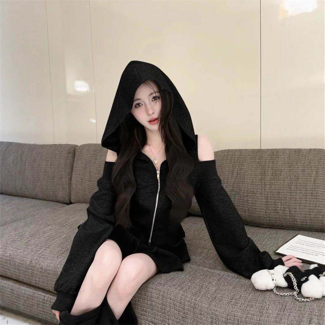 灰色连帽拉链卫衣外套女2026秋季新款美式辣妹露肩上衣巨好看