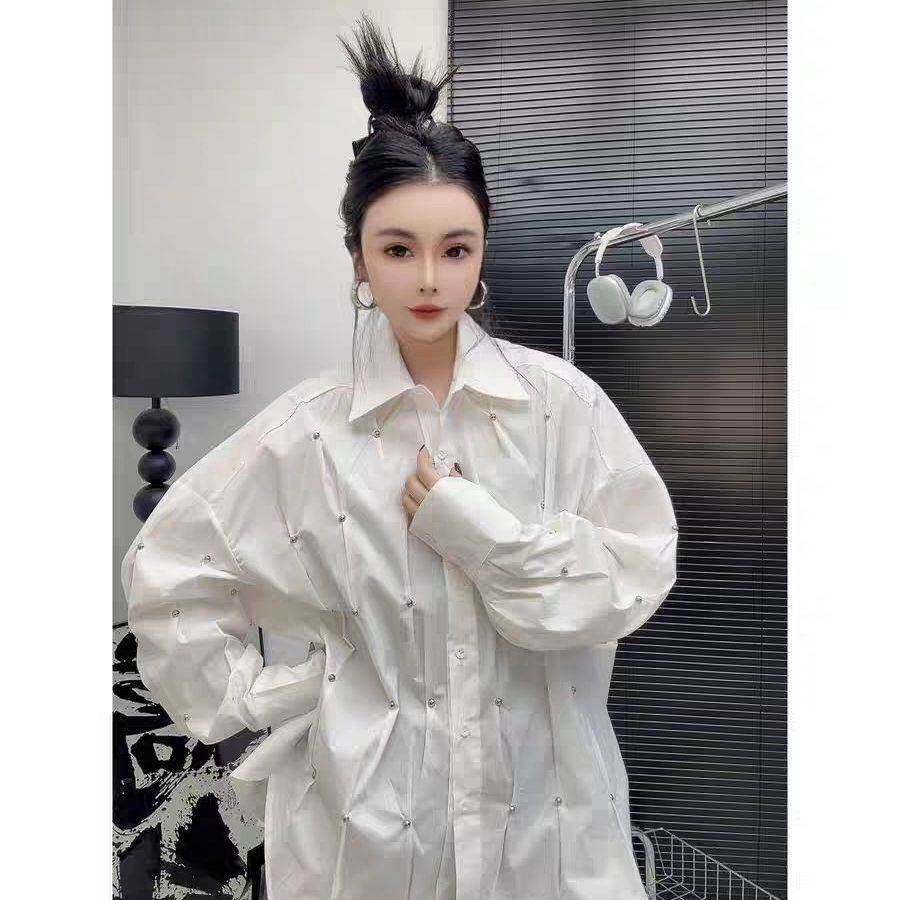 早春高端重工钉珠宽松中长衬衫上衣2026新款大码女装