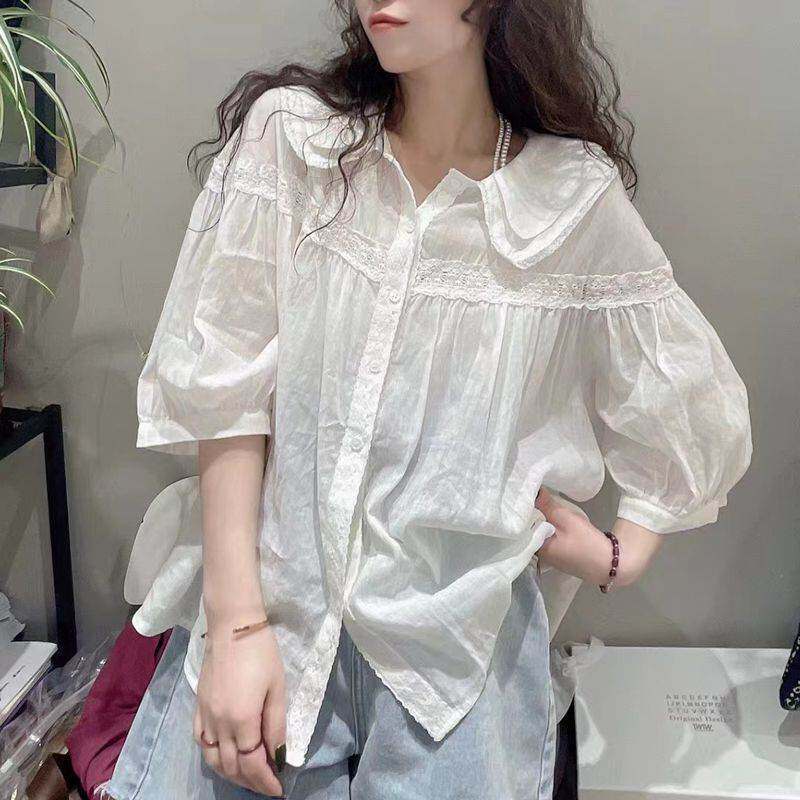 2026夏季新款日系纯色单排扣甜美减龄五分袖娃娃领衬衫女大码上衣