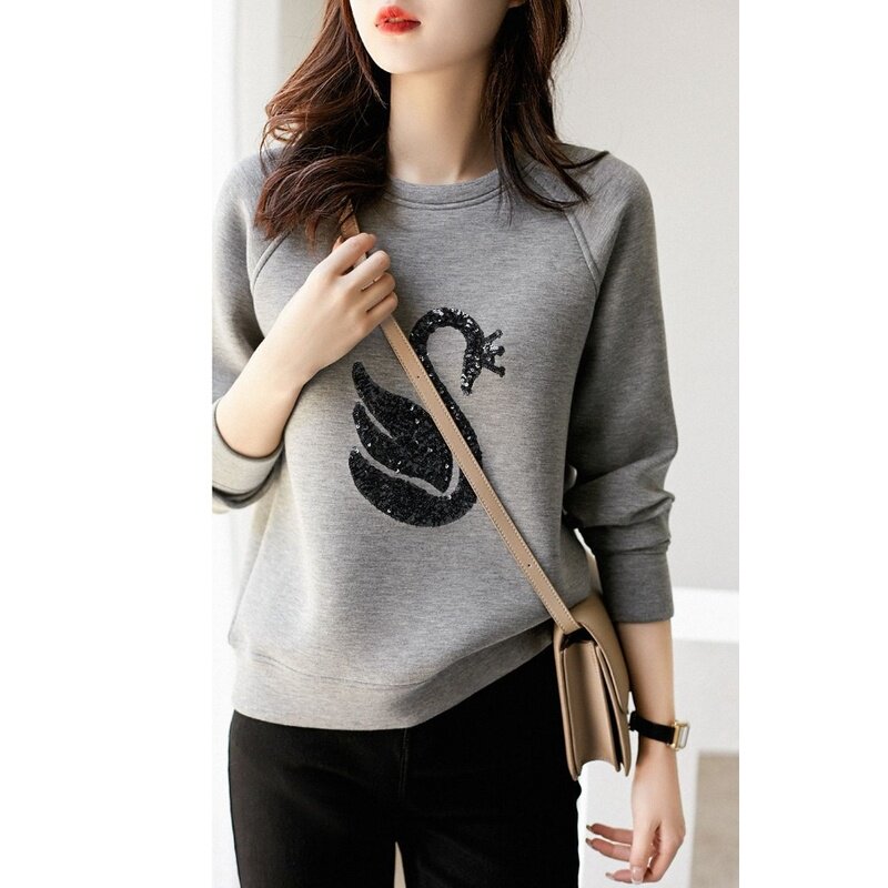 韩系无帽卫衣女秋冬季新款气质时尚天鹅亮片刺绣宽松长袖上衣服潮