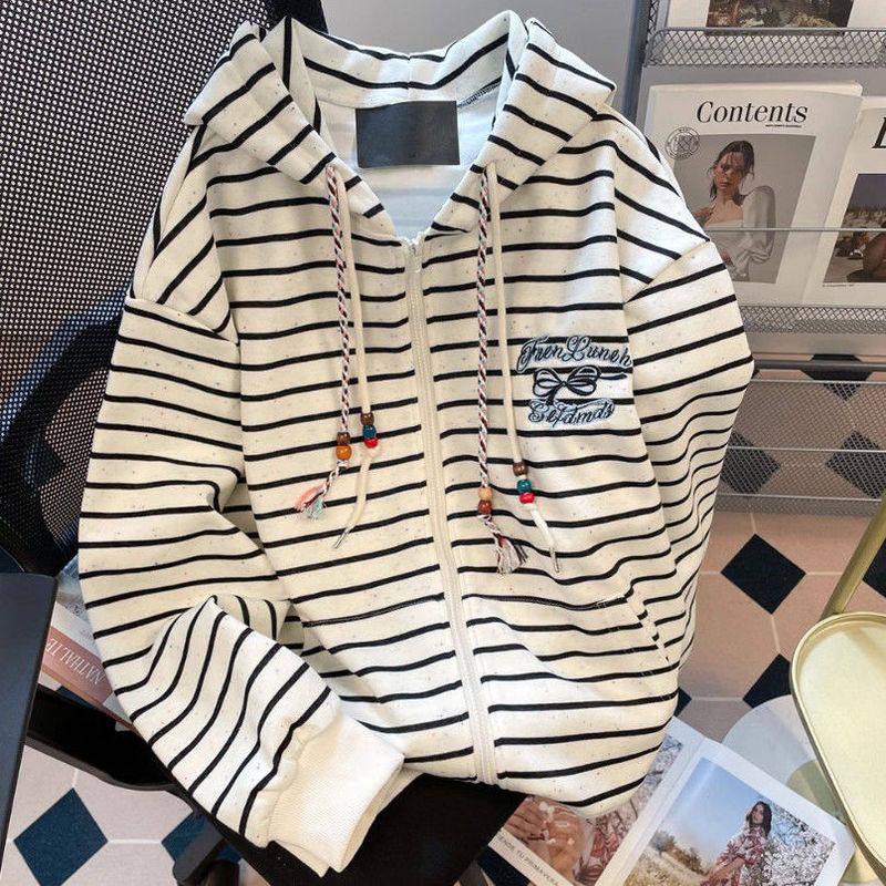 美式复古刺绣条纹连帽开衫卫衣男女秋季港风chic慵懒宽松外套ins