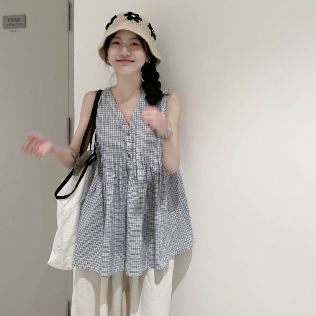 女装套装新款小清新无袖格纹背心衬衫衬衣搭配休闲阔腿裤两件套
