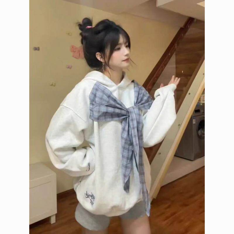 美式复古格子蝴蝶结绑带连帽卫衣女春秋新款宽松学院风国潮牌外套
