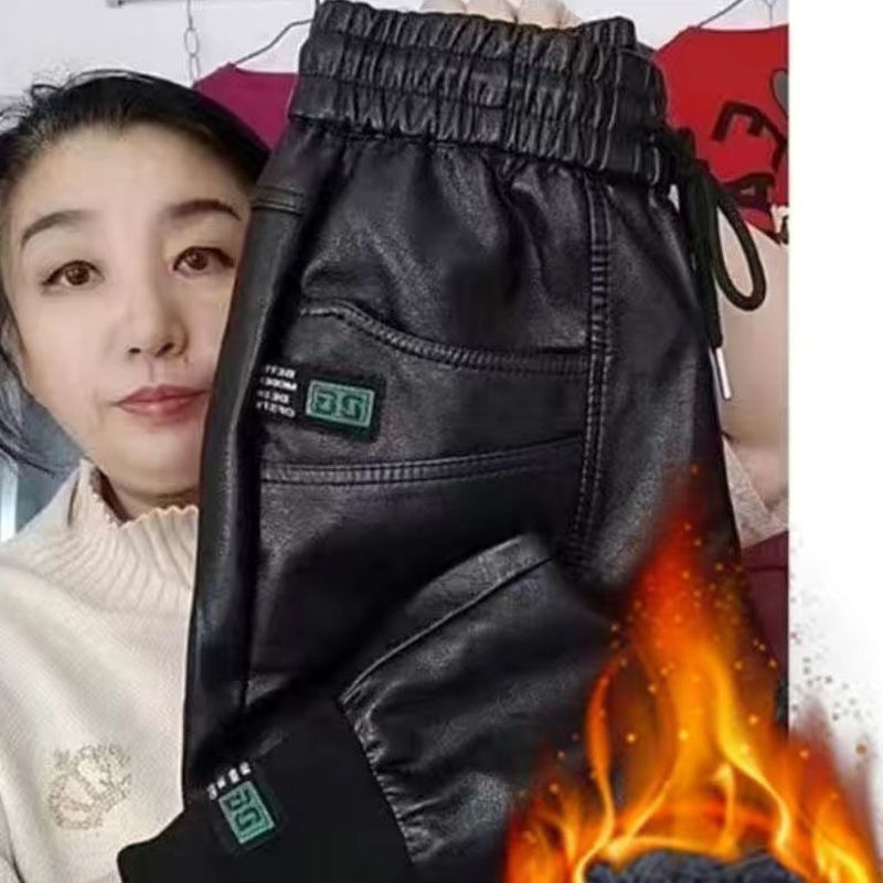 男士皮裤多口袋秋冬加绒加厚松紧弹力腰系绳防风束脚外卖骑手皮裤