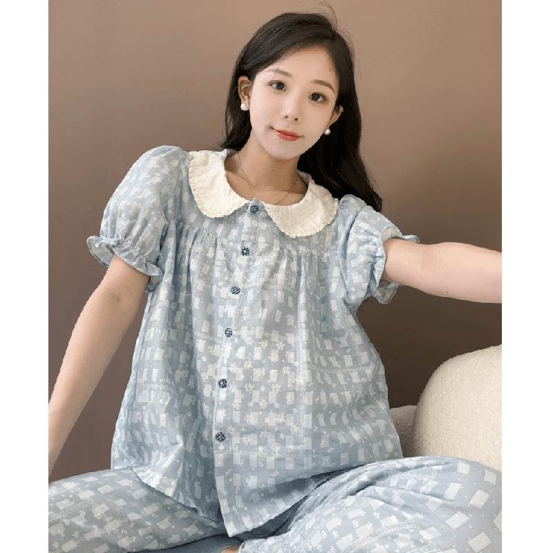 睡衣女夏季短袖长裤棉夏天薄款大码女士娃娃领格子家居服套装