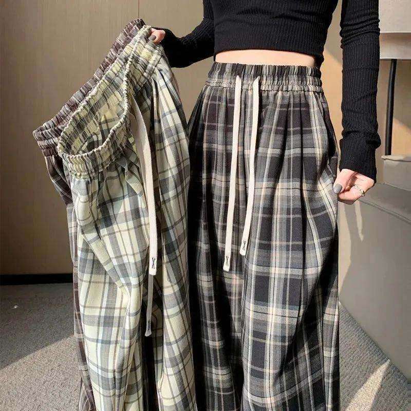 胖大码格子裤女夏季复古英伦系带休闲高腰直筒薄款宽松阔腿裤子