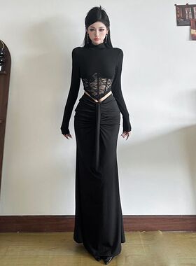 CUTENEW法式风御姐蕾丝拼接不规则半高领T恤女褶皱显瘦高腰半身裙