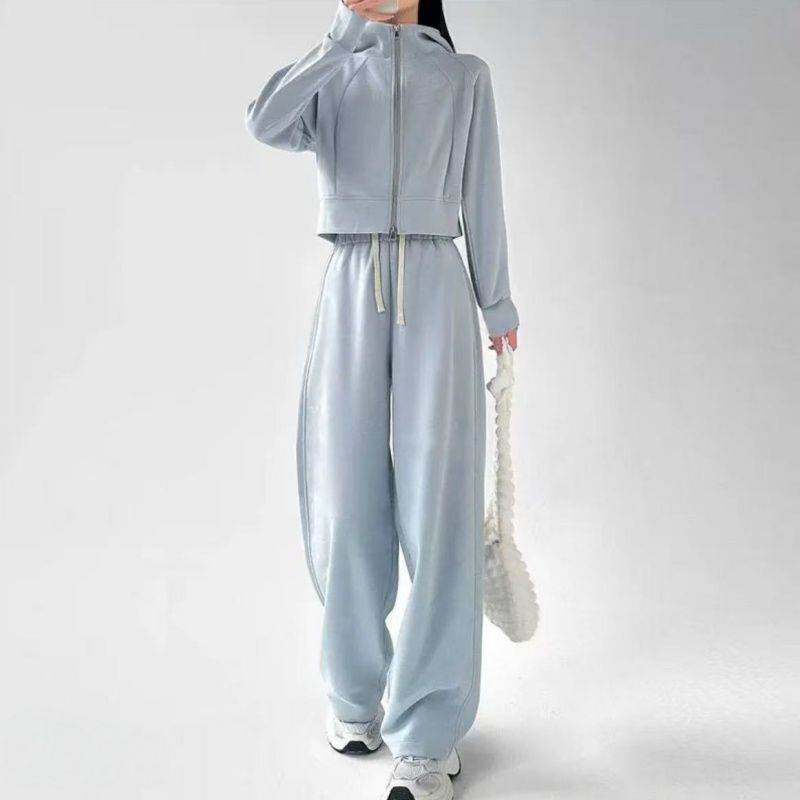 韩系休闲运动套装女春秋新款慵懒风宽松连帽卫衣外套阔腿裤两件套