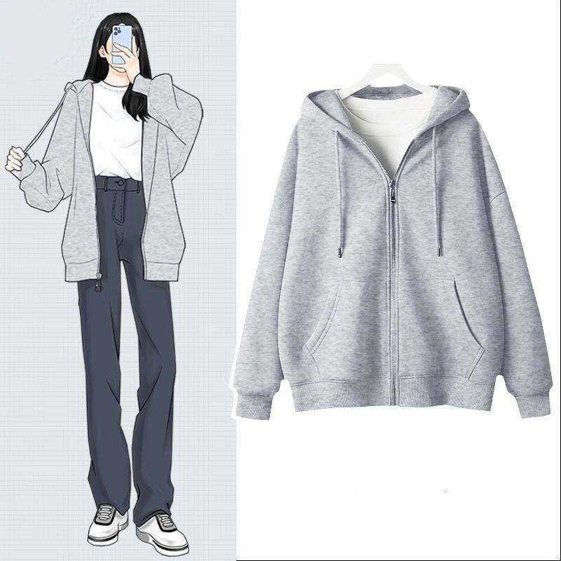 灰色卫衣外套女春秋款2026新款宽松休闲连帽薄款拉链开衫上衣潮