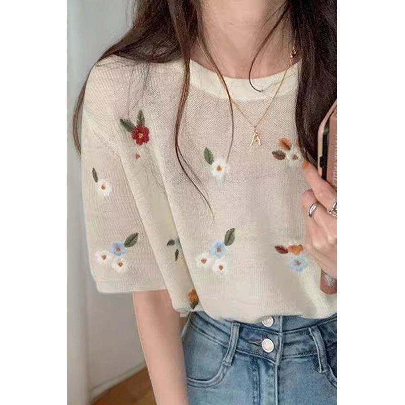 特大码300斤胖重工刺绣减龄针织衫女夏季法式高级感短袖上衣260