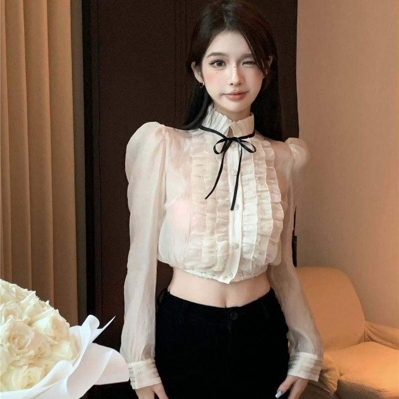 甜美立领木耳边夏季泡泡袖微透网纱衬衫上衣女纽扣复古短款蝴蝶结