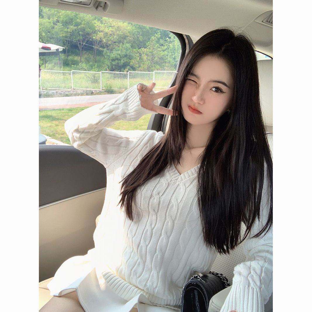 100棉新款套头领刺绣通勤毛衣女麻花春秋宽松长袖针织衫毛衣