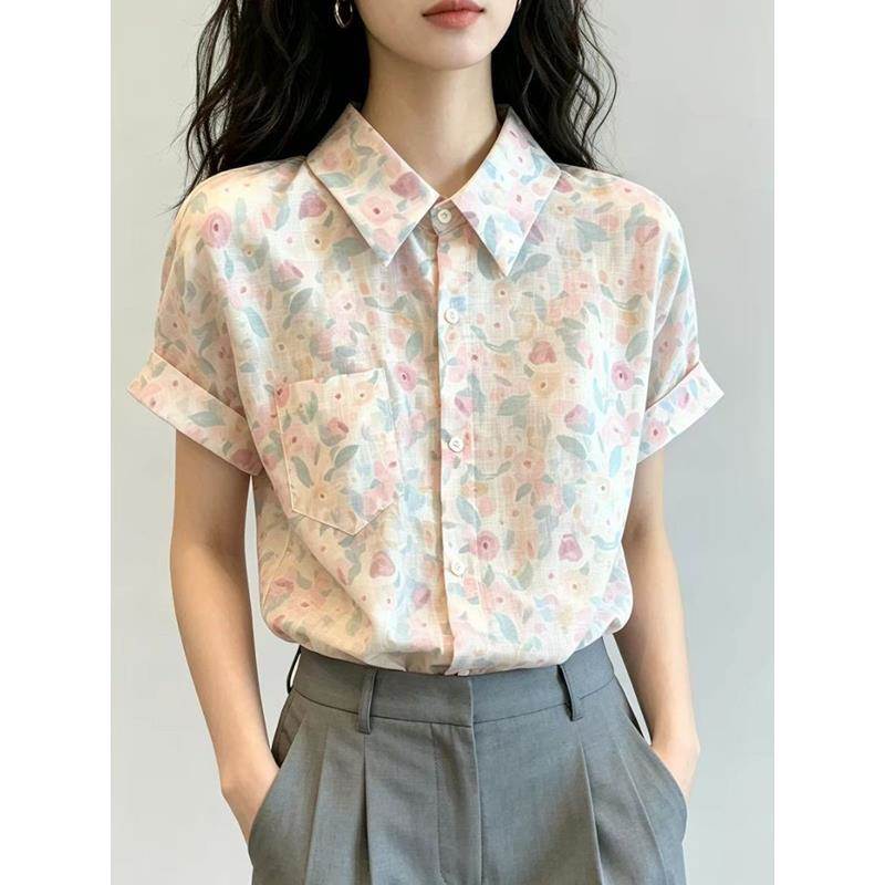 2026夏日减龄翻领碎花衬衫女新款独特百搭花色落肩袖巨上衣衬衣女