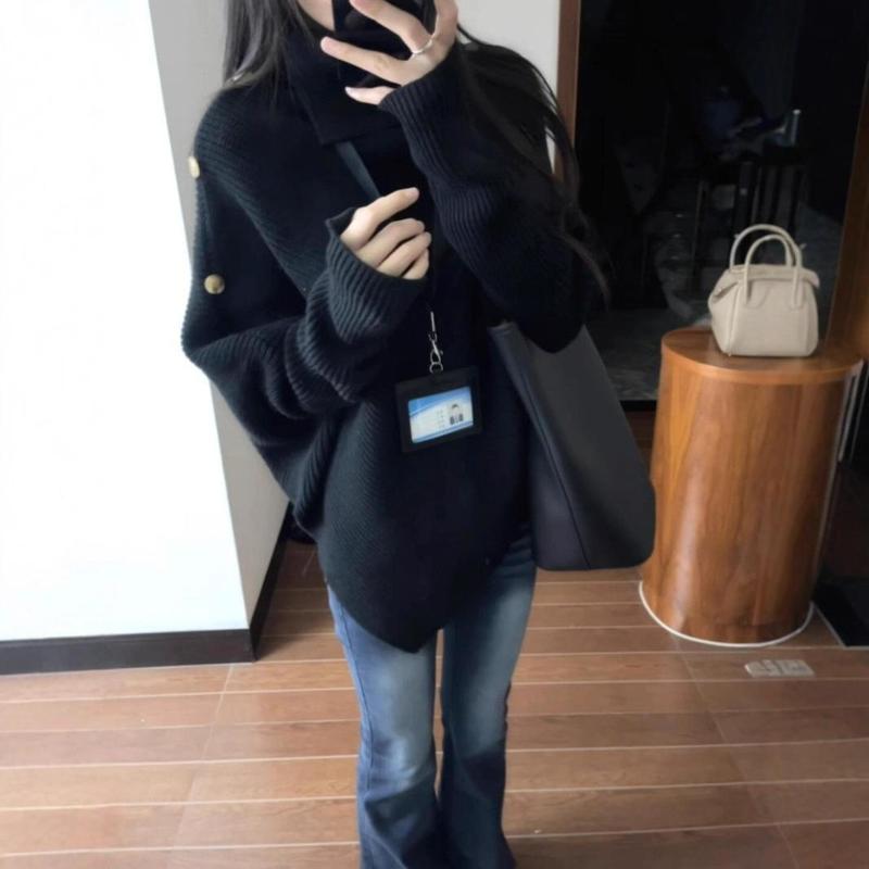 韩系设计感黑色高领毛衣女秋冬内搭慵懒风设计感不规则针织衫上衣