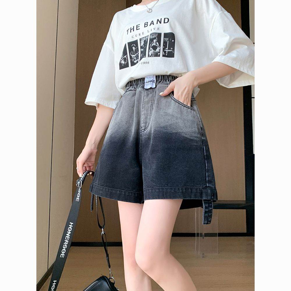 黑色牛仔短裤女夏薄款字阔腿裤宽松紧高腰显瘦大码女装200斤胖