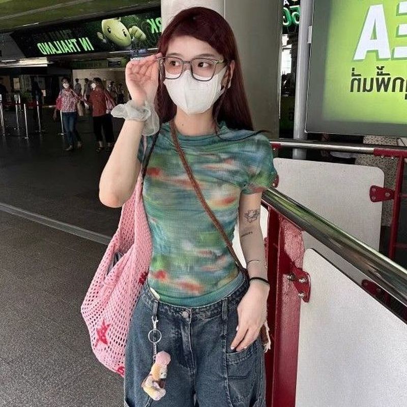 小众百搭扎染半高领短袖T恤2025年夏季新款网纱修身显瘦上衣ins潮