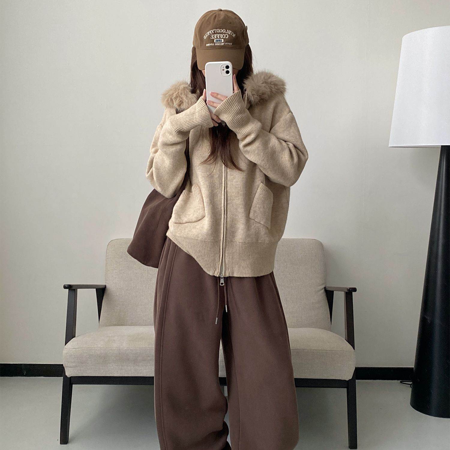 特大码毛领宽松连帽针织开衫毛衣外套女秋冬可拆卸慵懒风韩系上衣