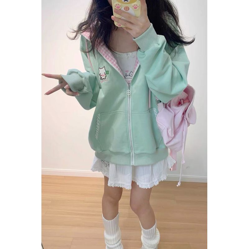 薄款刺绣猫咪长袖拉链卫衣外套女生秋冬日系可爱二次元亚文化宅系