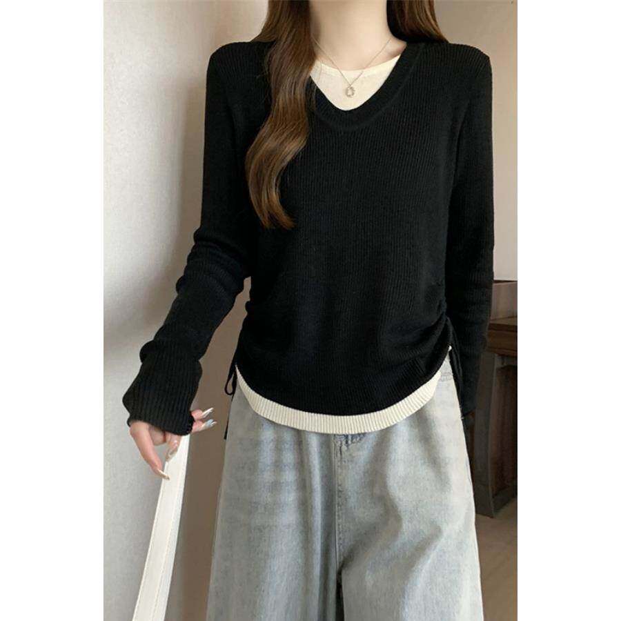 假两件针织衫女春夏抽绳收腰设计感小众灰色高级感毛衣打底衫上衣