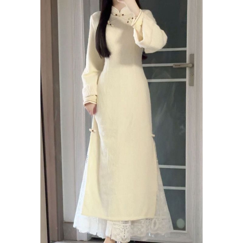 中国风加绒加厚改良旗袍少女年轻款秋冬装优雅气质保暖连衣裙日常