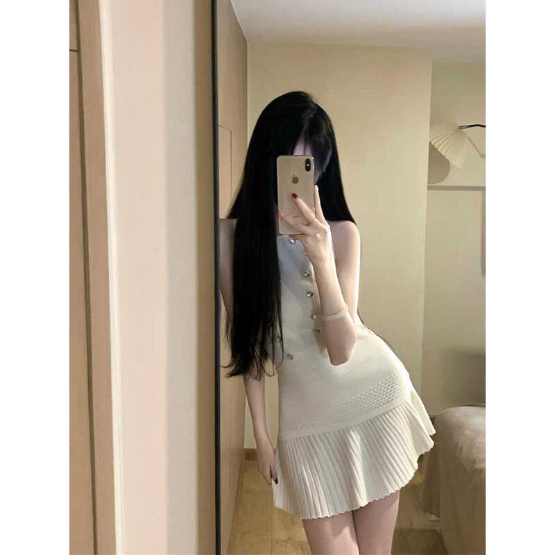 纯欲辣妹风高级感钉珠无袖针织背心上衣女夏季高腰百褶半身裙套装