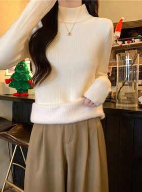 灰色毛衣女秋冬半高领加厚加绒长袖打底针织衫冬季内搭一体绒上衣