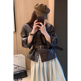 宋佳同款皮衣外套女爆款2025海宁春秋新款系带短款收腰显瘦皮夹克