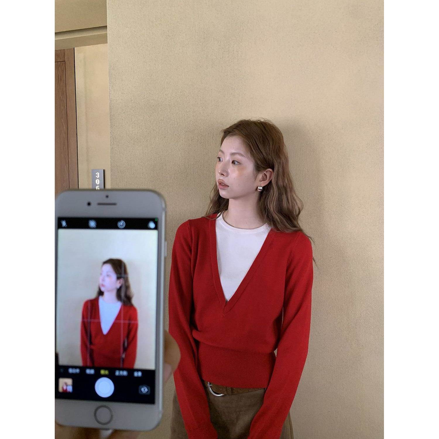 红色假两件毛衣女2026秋冬新款拼接叠穿显瘦长袖针织上衣
